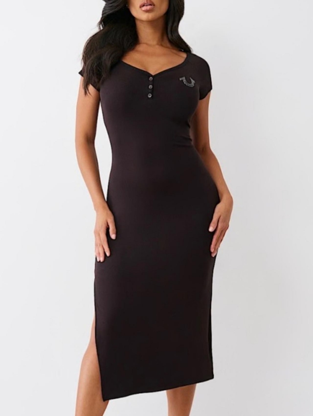 True Religion Bling Rhinestone Bodycon Henley Midi Dress L NWT